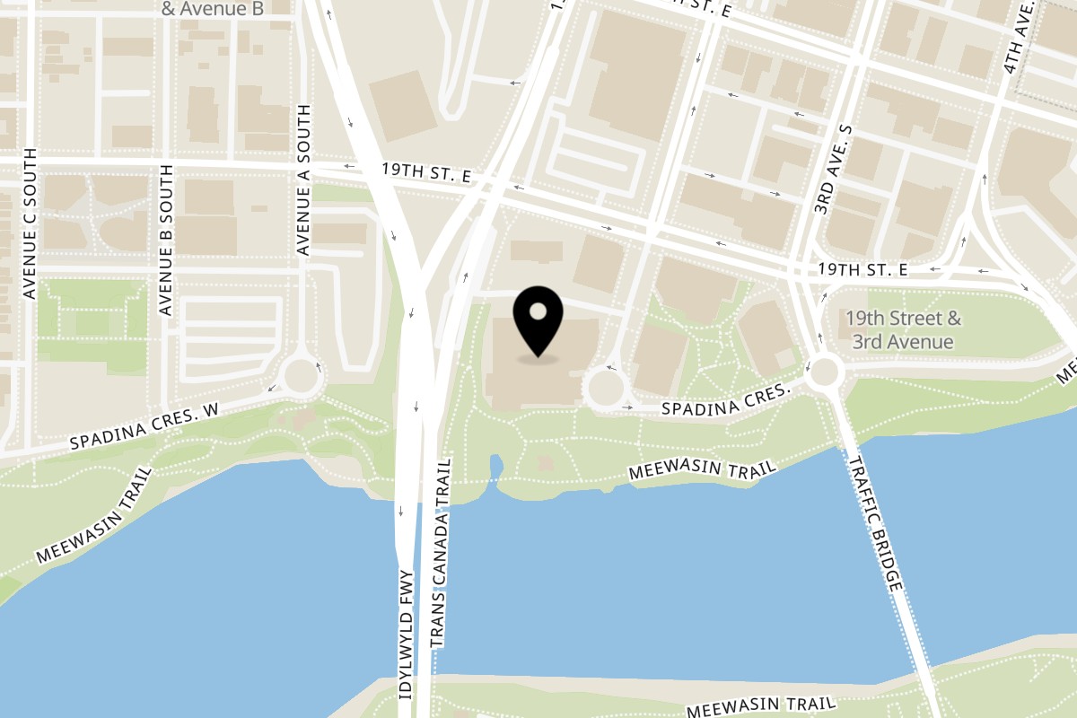 Map showing the location of The Hungry Moose Saskatoon on 102 Spadina Crescent East in Saskatoon